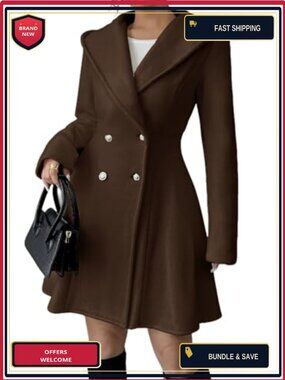 Women Double Breasted Hooded Wool Blend Pea Coat A-Line Trench Coat